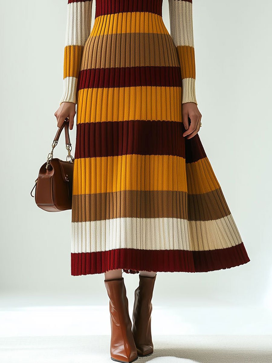 Fashion Loose Retro Color Striped Knitted Turtleneck Midi Dress