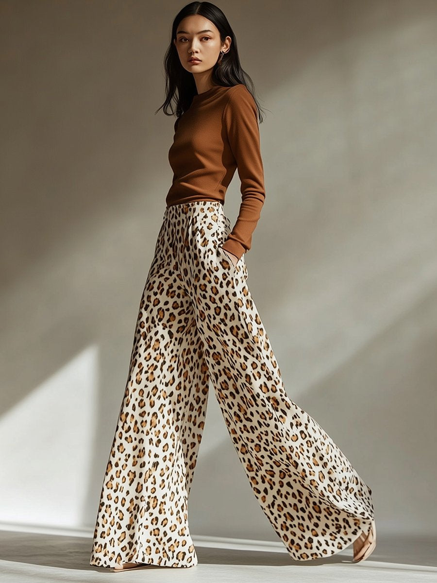 Retro And Fashionable Leopard Print Wide-Leg Pants