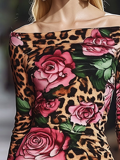 Sexy And Fashionable Slim Fit Leopard Rose Print Long Sleeve Mini Dress