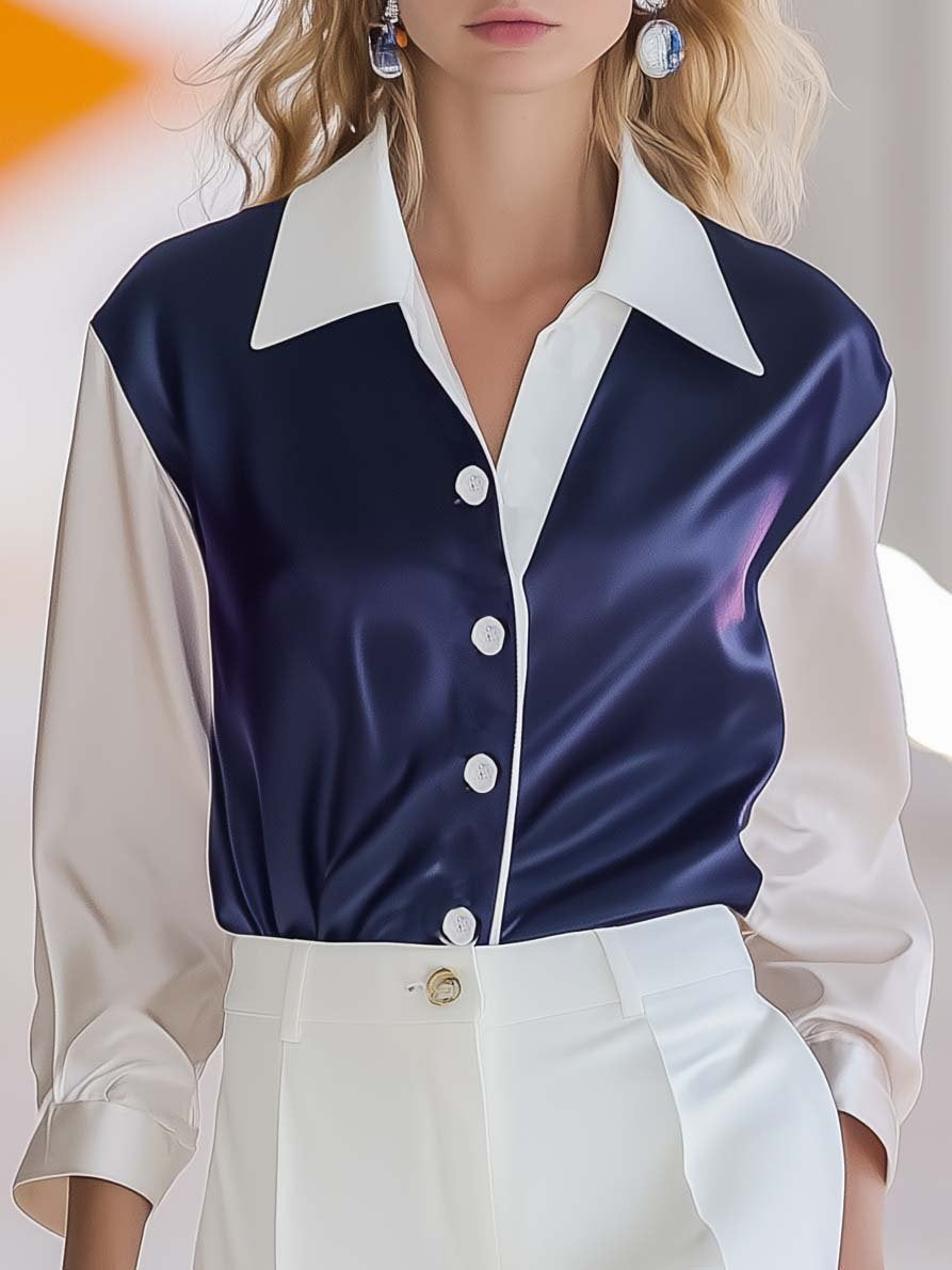 Fashionable Classic Color Block Lapel Long Sleeve Shirt