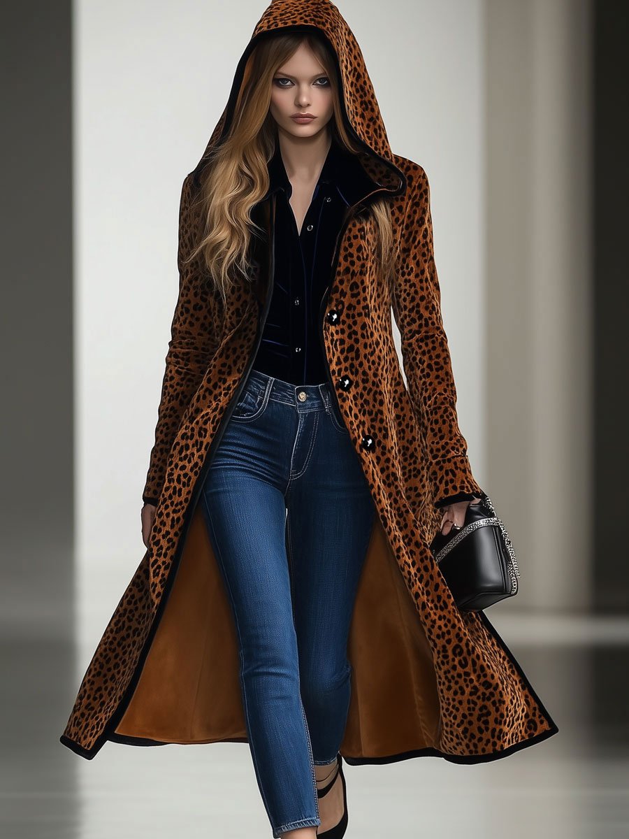 Casual Loose Vintage Velvet Leopard Print Black Trim Hooded Long Coat