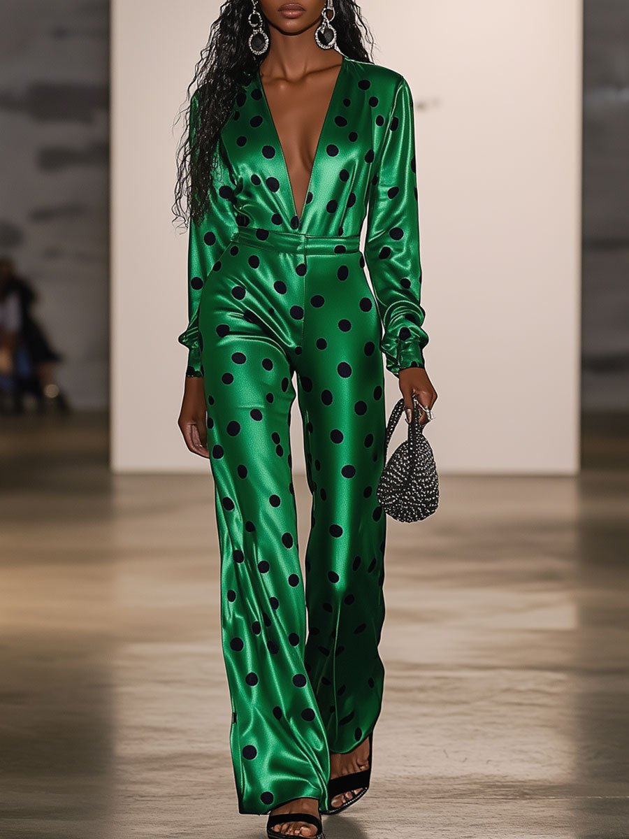 Casual Retro Black Polka Dot Green Satin Long Sleeve Wide Leg Jumpsuit