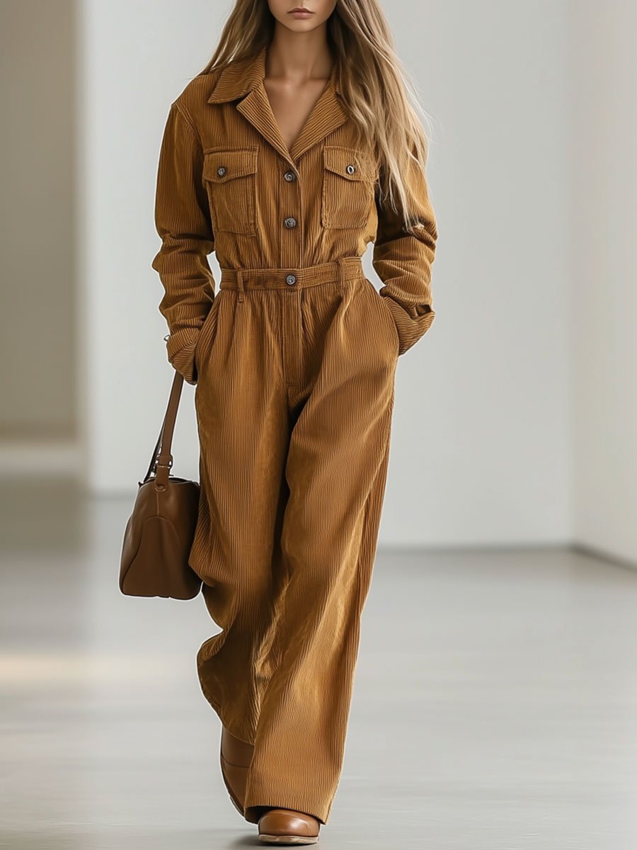 Casual Loose Retro Corduroy Multi-Pocket Long Sleeve Jumpsuit