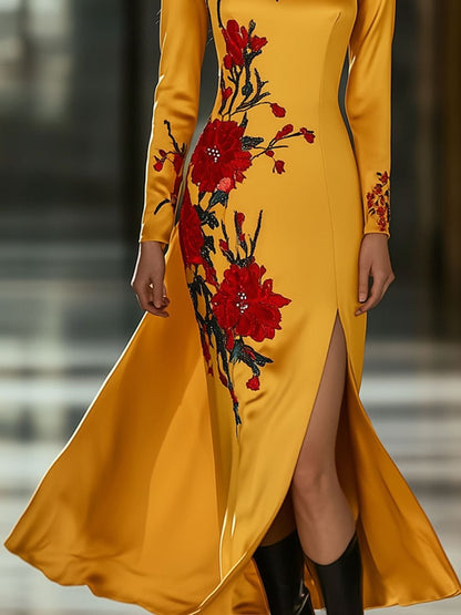 Fashion Retro Floral Embroidery Gold Satin Slit Long Sleeve Maxi Dress