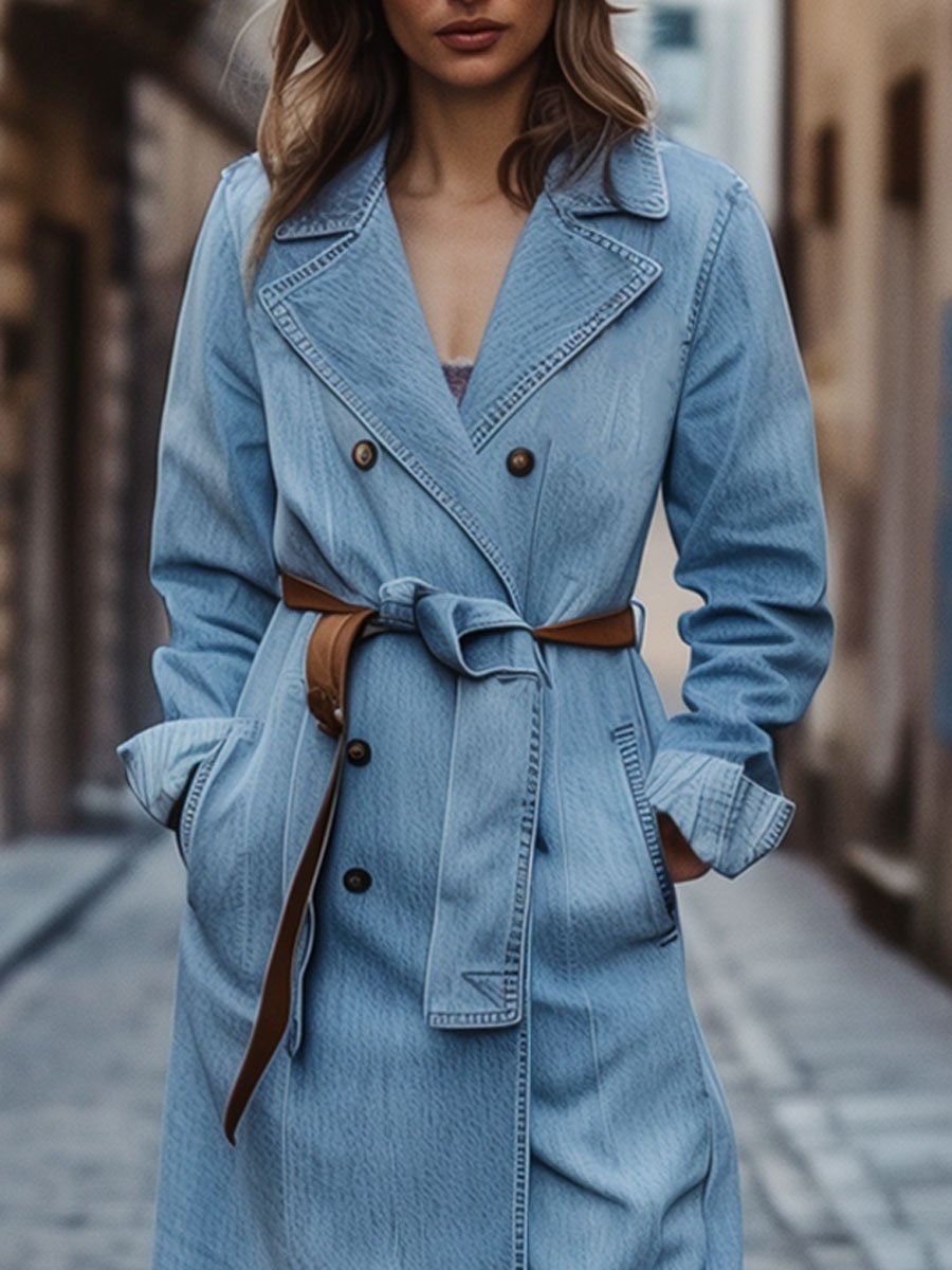 Casual Loose Double Breasted Vintage Pocket Denim Trench Coat