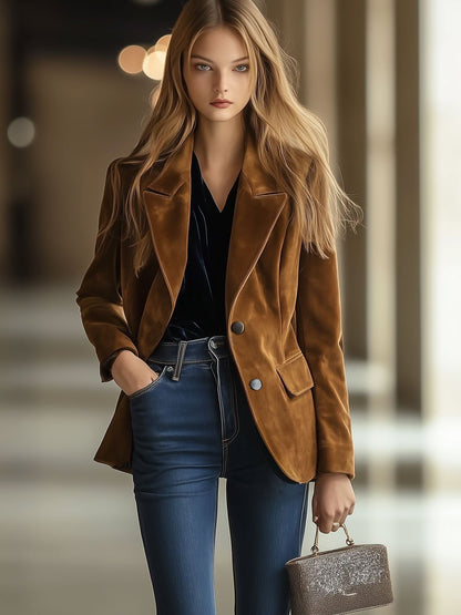 Casual Loose Retro Solid Color Suede Pocket Blazer