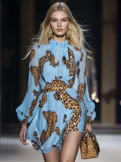 Elegant Personality Leopard Print Sky Blue Chiffon Mini Dress