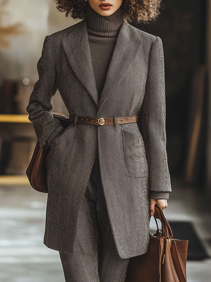 Casual Loose Herringbone Wool Pocket Coat