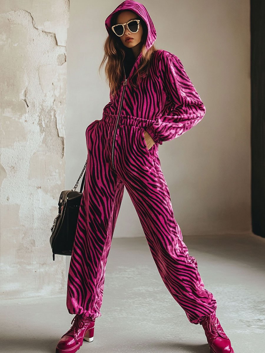 Casual Loose Velvet Zebra Print Zipper Elastic Waist Hooded Jumpsuit