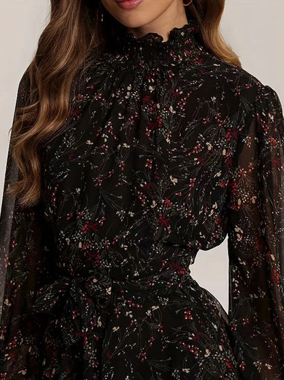 French Floral High Waist Belted Long Sleeve Mini Dress