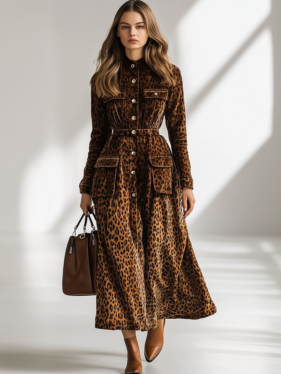 Casual Loose Vintage Velvet Leopard Print Pocket Trench Coat Maxi Dress