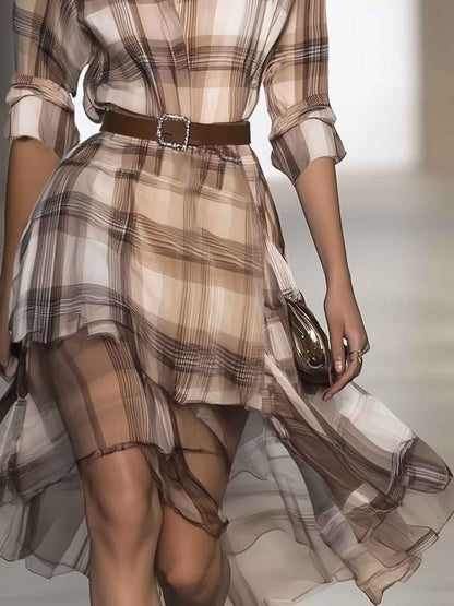 Fashion Mesh Stitching Beige Brown Plaid Print Shirt-style Midi Dress