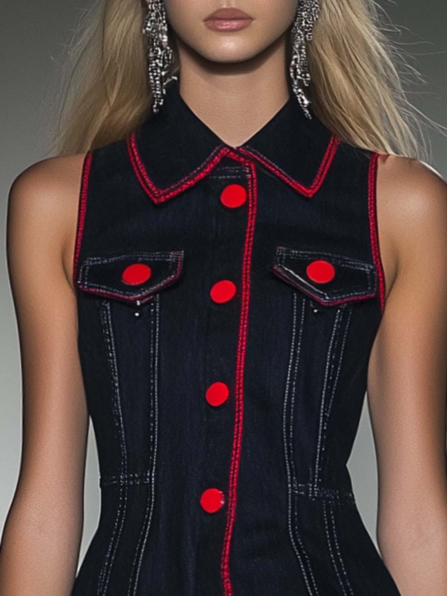 Fashion Personality Sleeveless Red Trim Dark Blue Denim Mini Dress