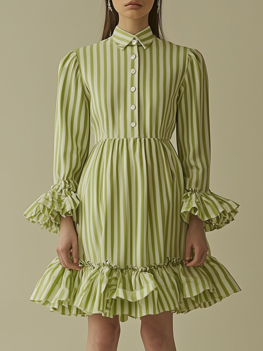 Fashionable Casual Green Striped Ruffled Mini Dress