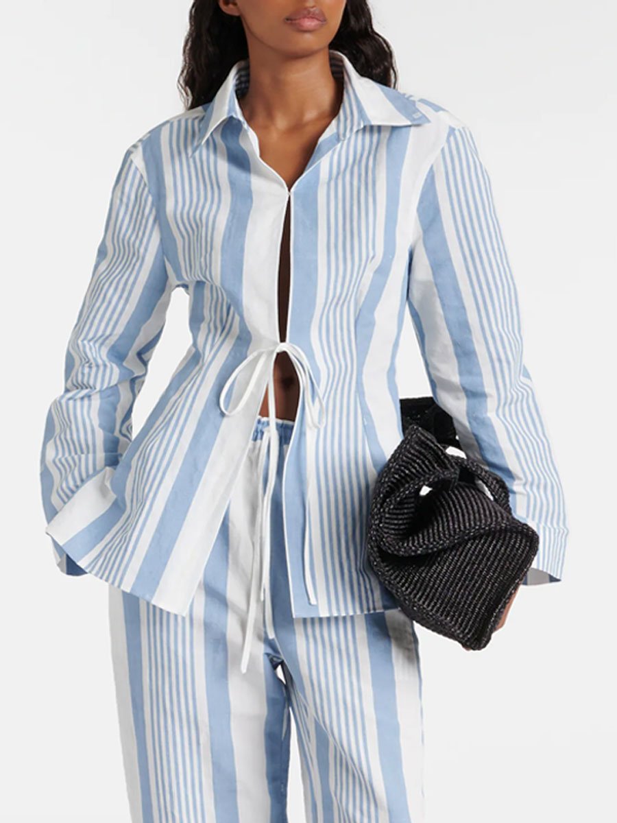 Casual Loose Blue Striped Cotton Long Sleeve Shirt Wide Leg Pants Set