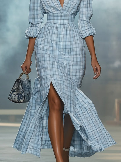 Elegant Light Blue Lapel Plaid Long Sleeve Maxi Dress