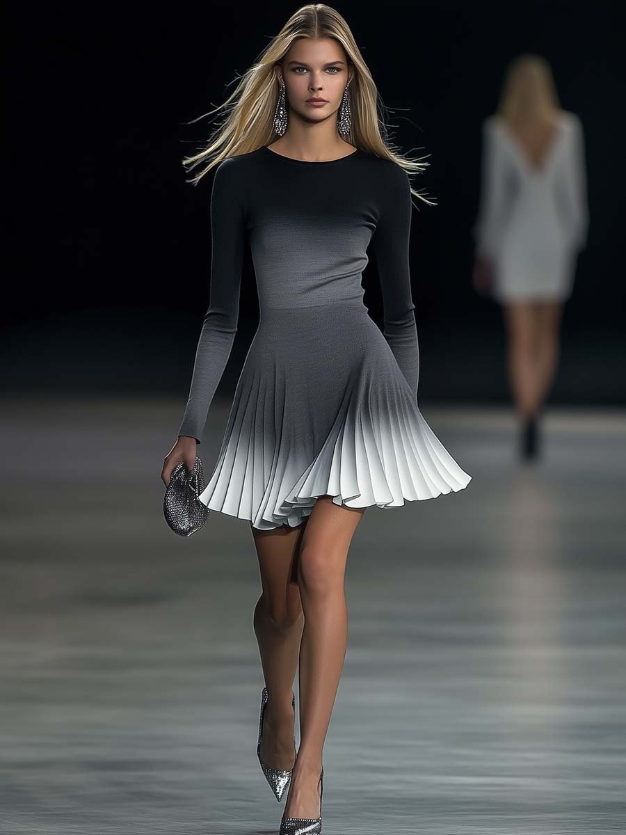 Elegant Round Neck Black Gray and White Gradient Pleated Mini Dress