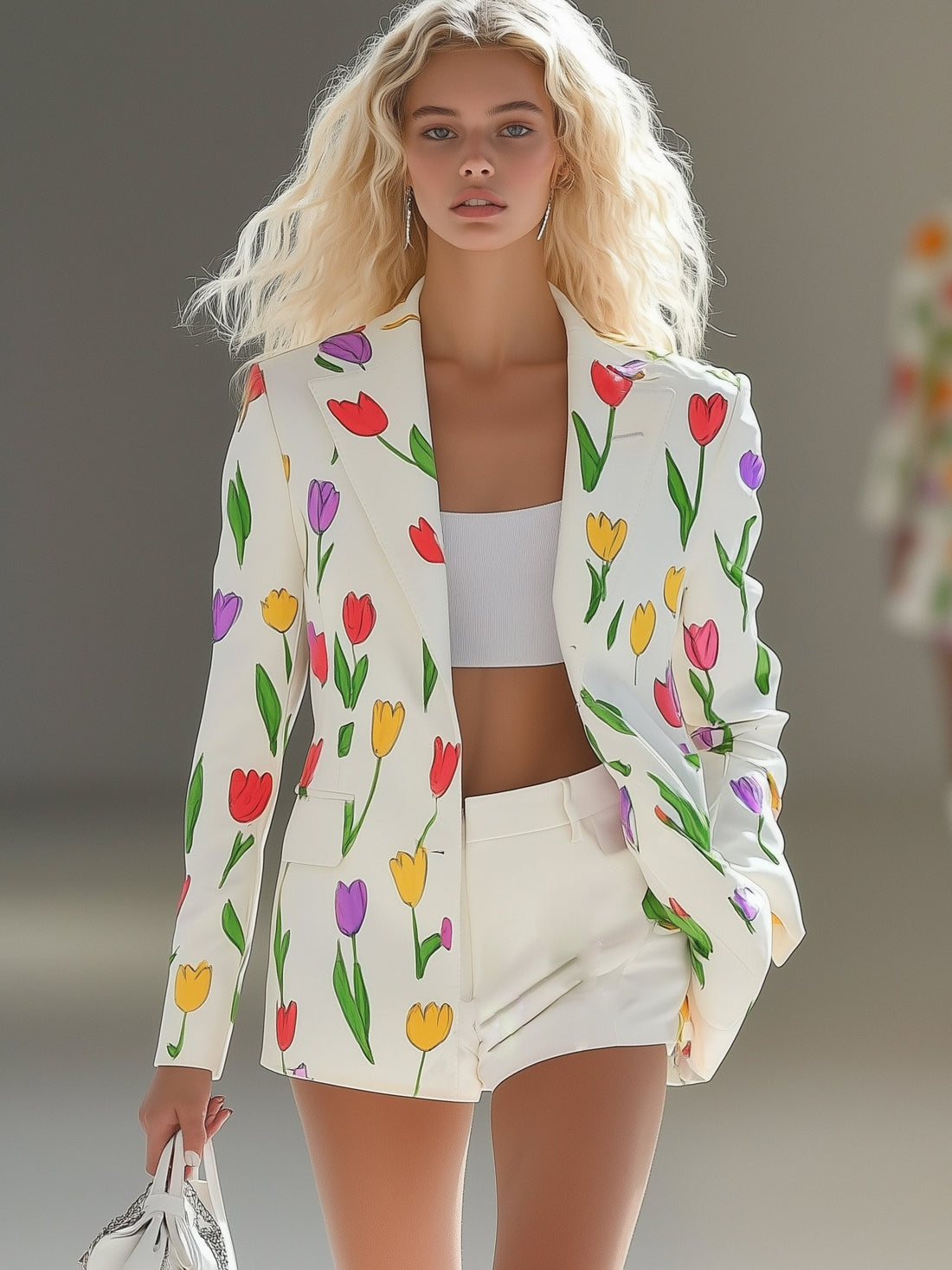 Colorful Tulip Flower Print White Lapel Blazer