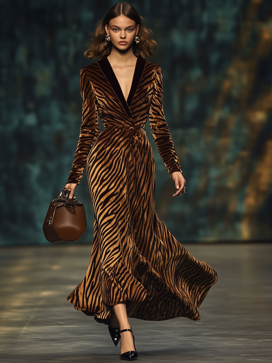 Fashion Retro Velvet Zebra Print V-Neck Long Sleeve Maxi Dress