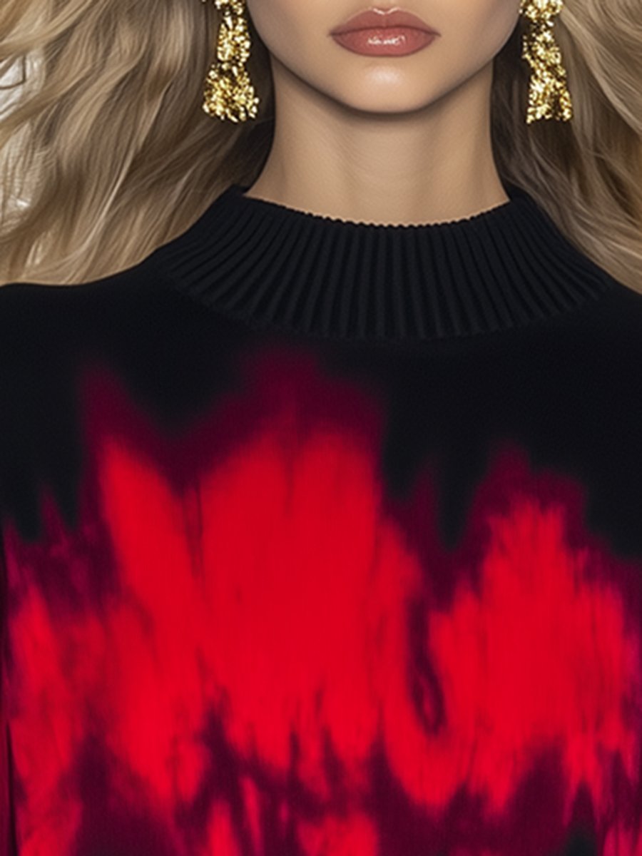 Casual Loose Fashionable Black And Red Tie-Dyed Pullover Sweatshirt