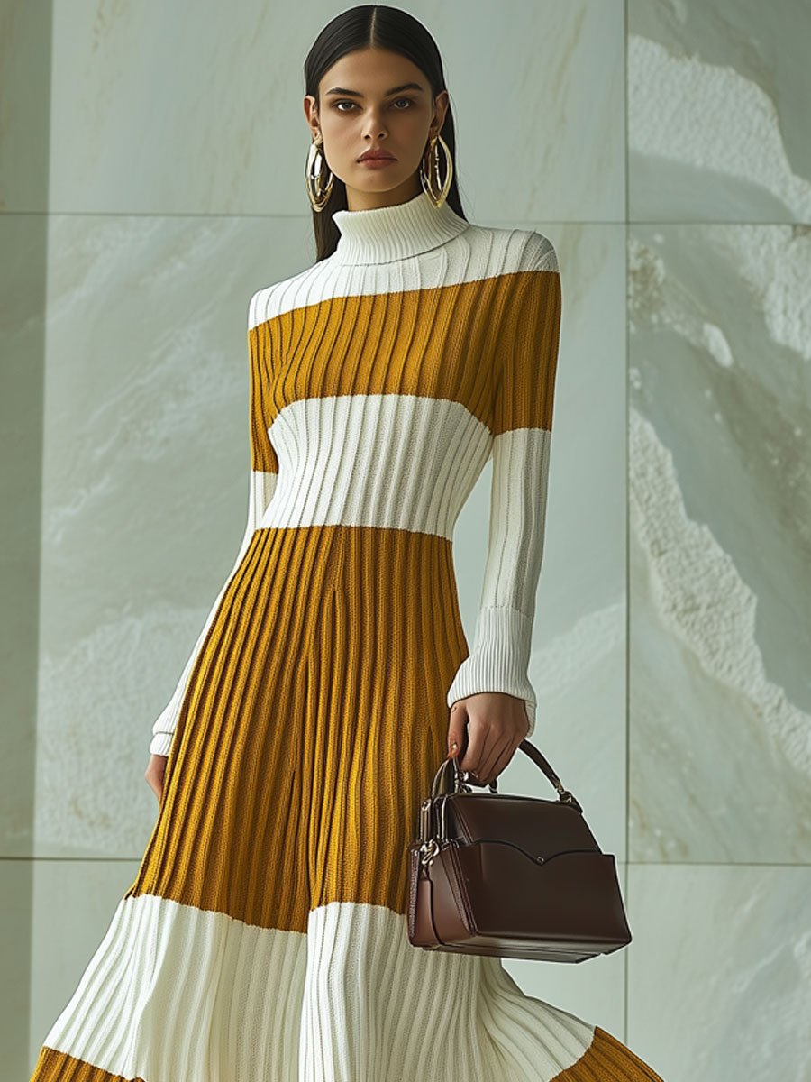 Fashion Retro Striped Knitted Turtleneck Long Sleeve Maxi Dress