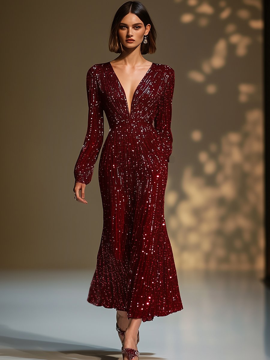 High-End And Elegant V-Neck Sequined Burgundy Dress