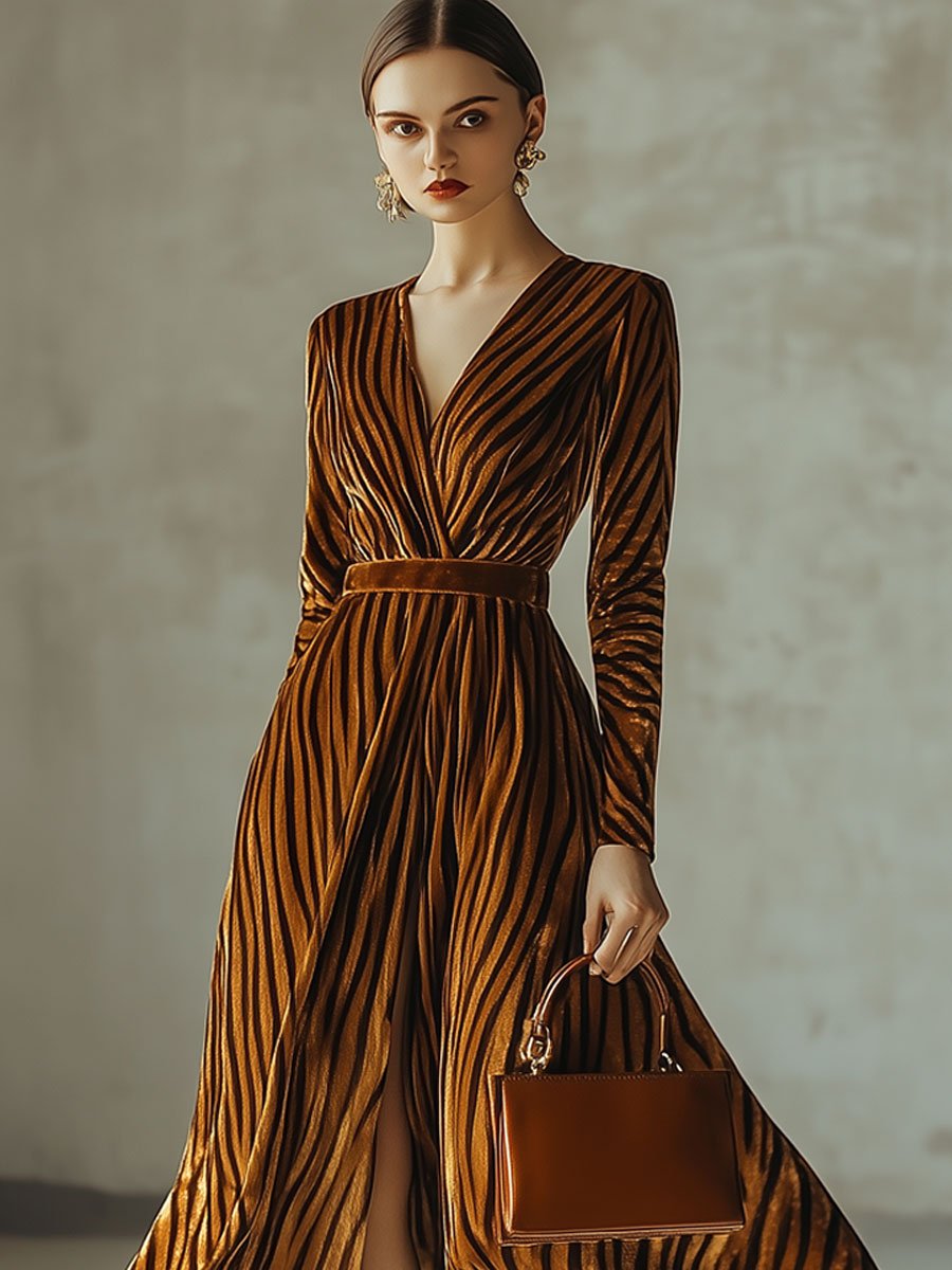 Loose Retro Velvet Zebra Print V-Neck Long Sleeve Slit Maxi Dress