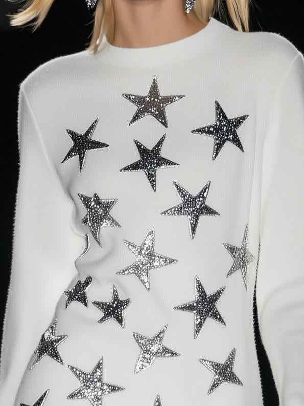 Fashionable Star Print White Long Sleeve Mini Dress