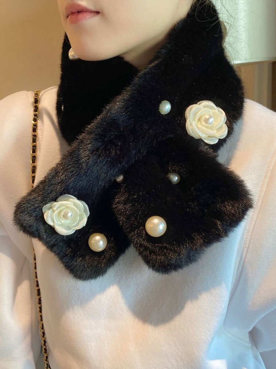 Solid Color Pearl Warm Faux Rabbit Fur Cross Scarf