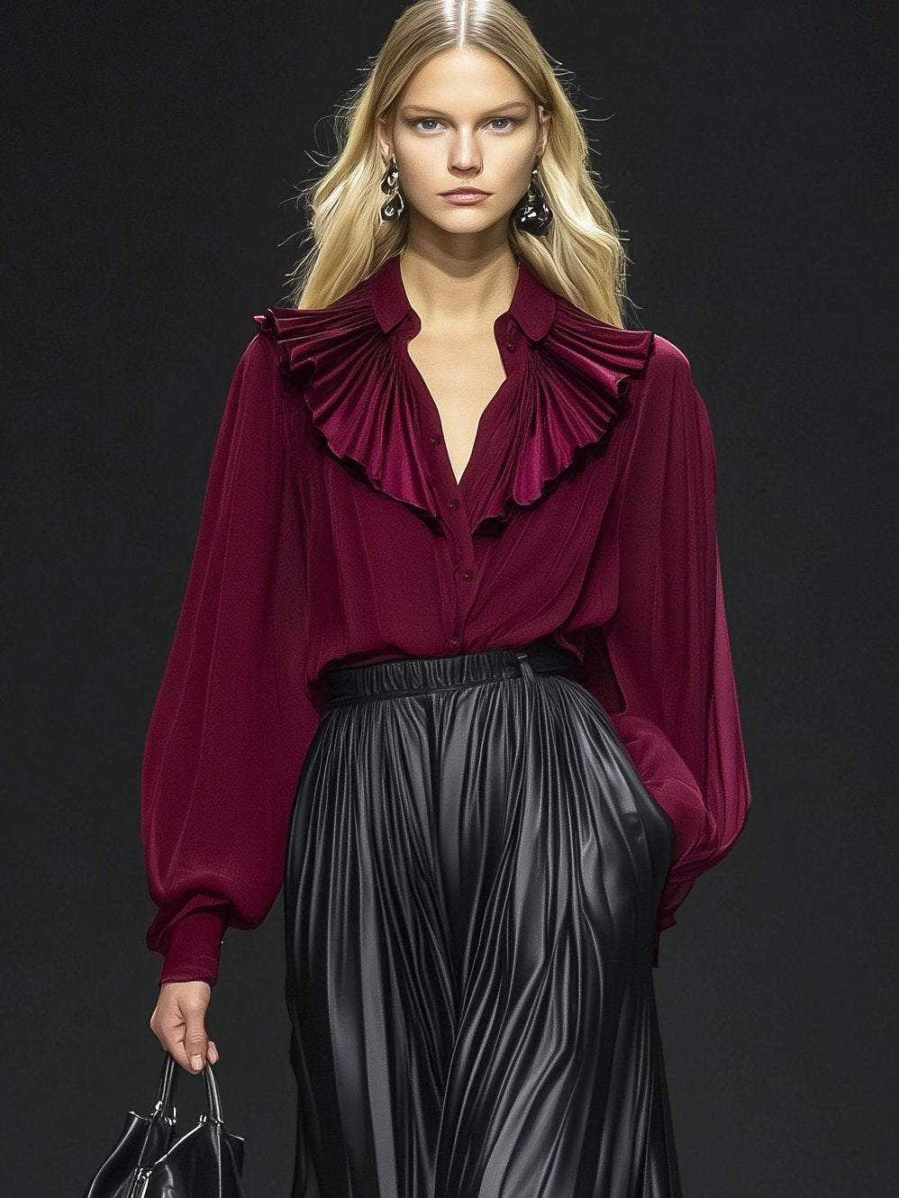 Elegant Lapel Ruffled Neckline Burgundy Chiffon Long-Sleeved Shirt