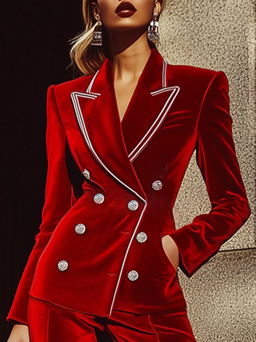 High-End Fashion Red Velvet Suit With Silver Trim