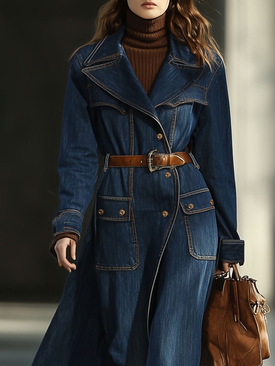 Casual Loose Retro Pocket Long Denim Trench Coat