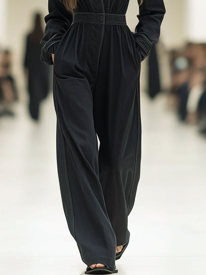 Casual Loose Retro Black Denim Wide-Leg Jumpsuit