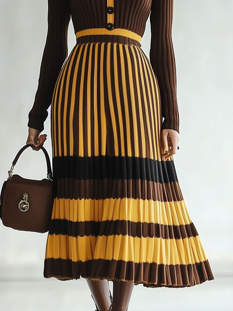 Fashion Loose Retro Striped Colorblock Knitted Long Sleeve Midi Dress