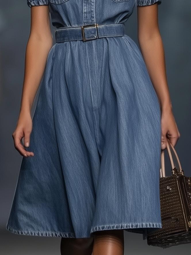 Fashion Slim Fit Denim Short Sleeve Midi Dress