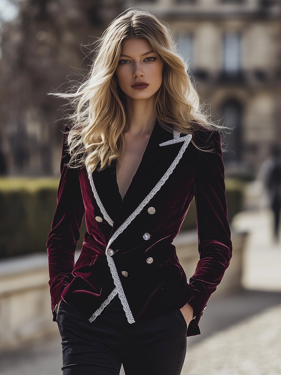 Vintage Velvet Lace Trim Lapel Pocket Blazer