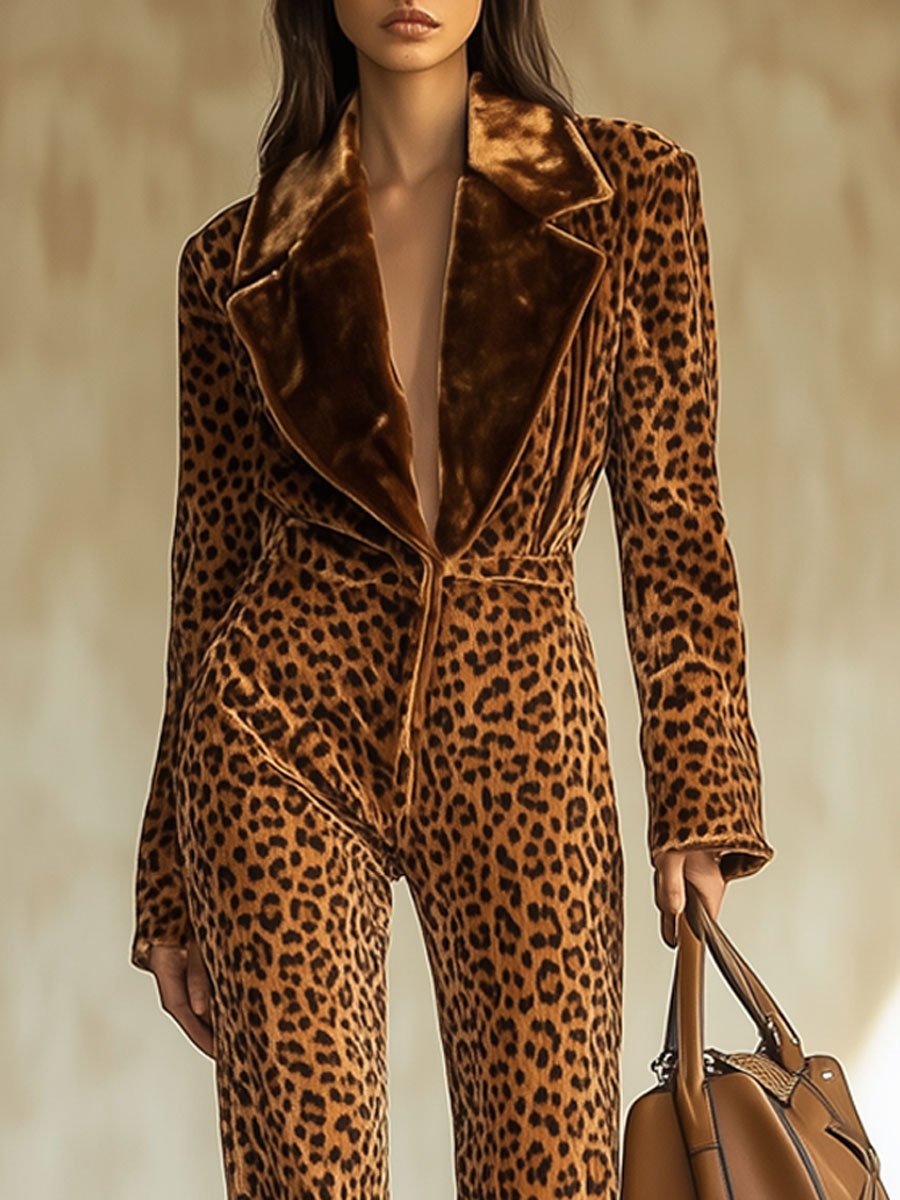 【24-hour shipping】Casual Loose Retro Velvet Leopard Print Colorblock Lapel Long Sleeve Jumpsuit