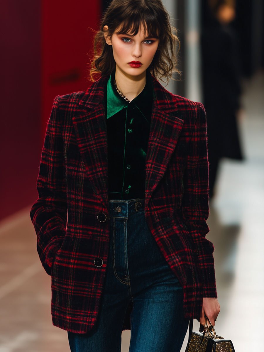 Casual Loose Retro Lapel Ankola Red Plaid Woolen Suit Coat