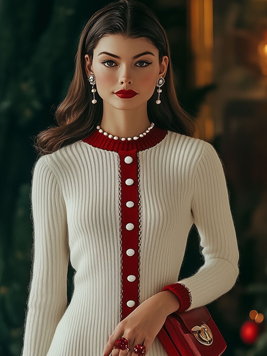 Fashion Retro Single-Breasted Red And White Wool Long-Sleeved Mini Dress