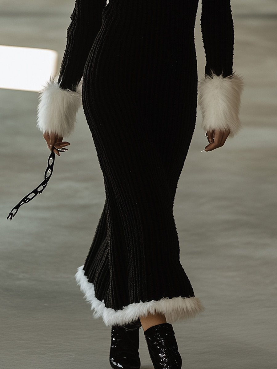 Personality and Fashion V-neck Fur Trim Black Knitted Maxi Dress