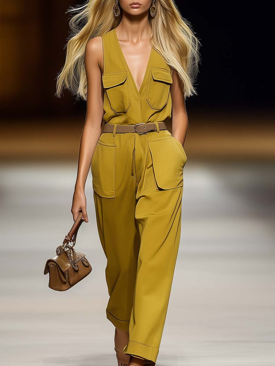 Elegant and Fashionable Vest Style Belted Yellow Overalls Jumpsuit