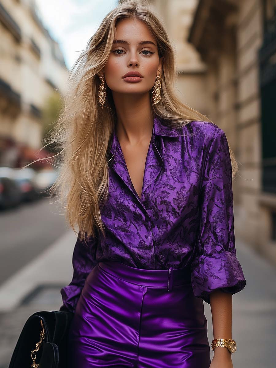 Mysterious Elegant Purple Satin Dark Pattern Shirt