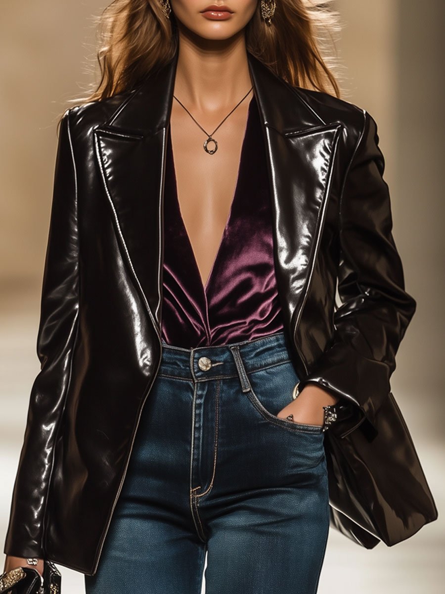 Casual Loose Retro Lapel Eco-Leather Blazer