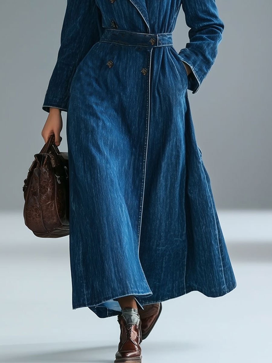 Casual Loose Retro Lapel Tie Double-Breasted Denim Trench Coat