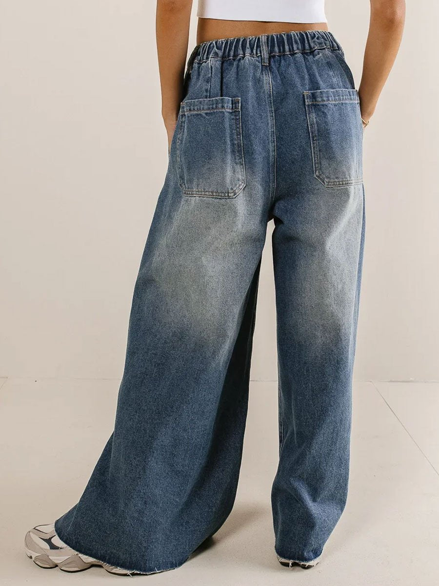 Casual Vintage Pocket Elastic Waist Drawstring Wide Leg Jeans