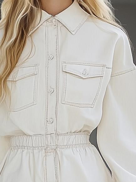 Loose White Denim Lapel Long Sleeve Shorts Jumpsuit