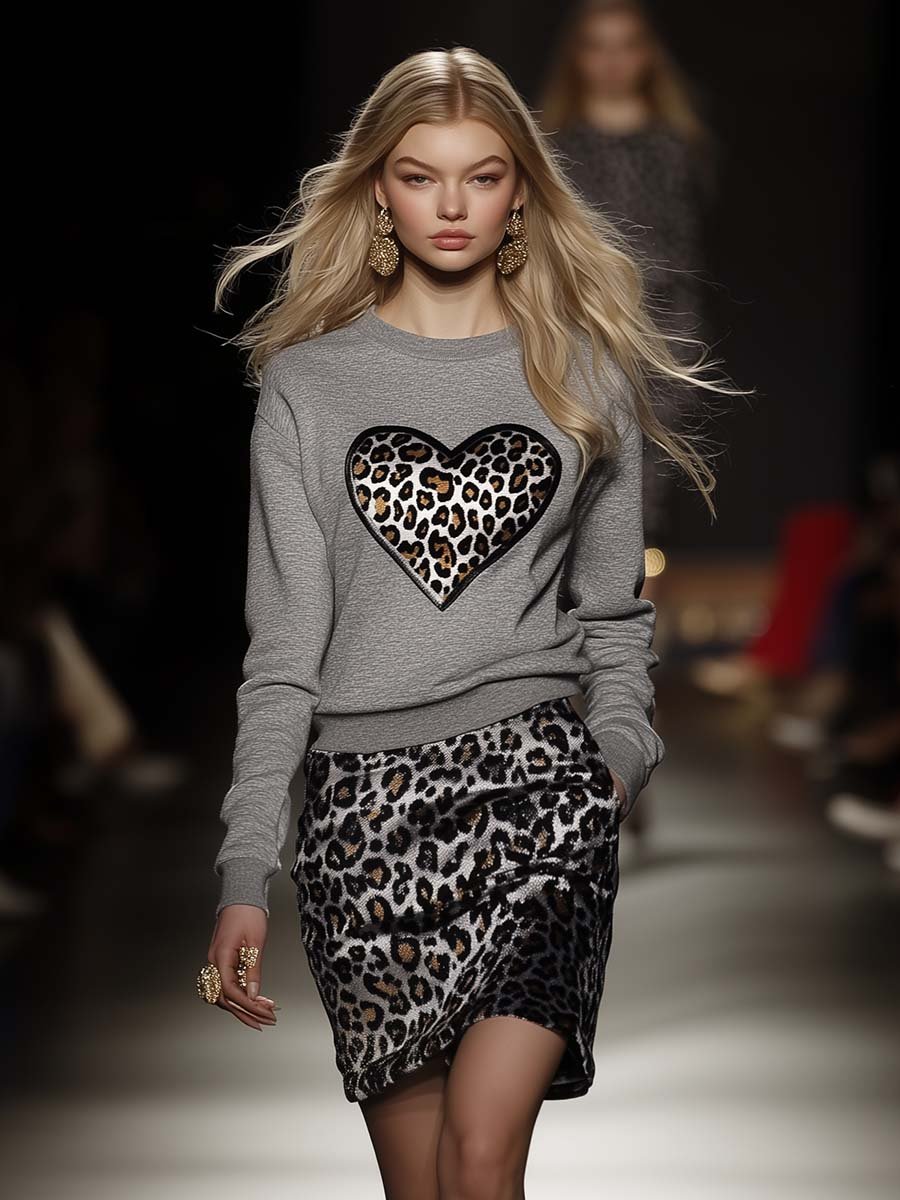 Fashionable and Casual Love Leopard Print Sweatshirts Skirt Sets