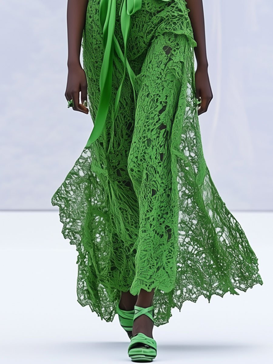 Fashion Party Holiday Green Lace Sleeveless V-Neck Maxi Dress