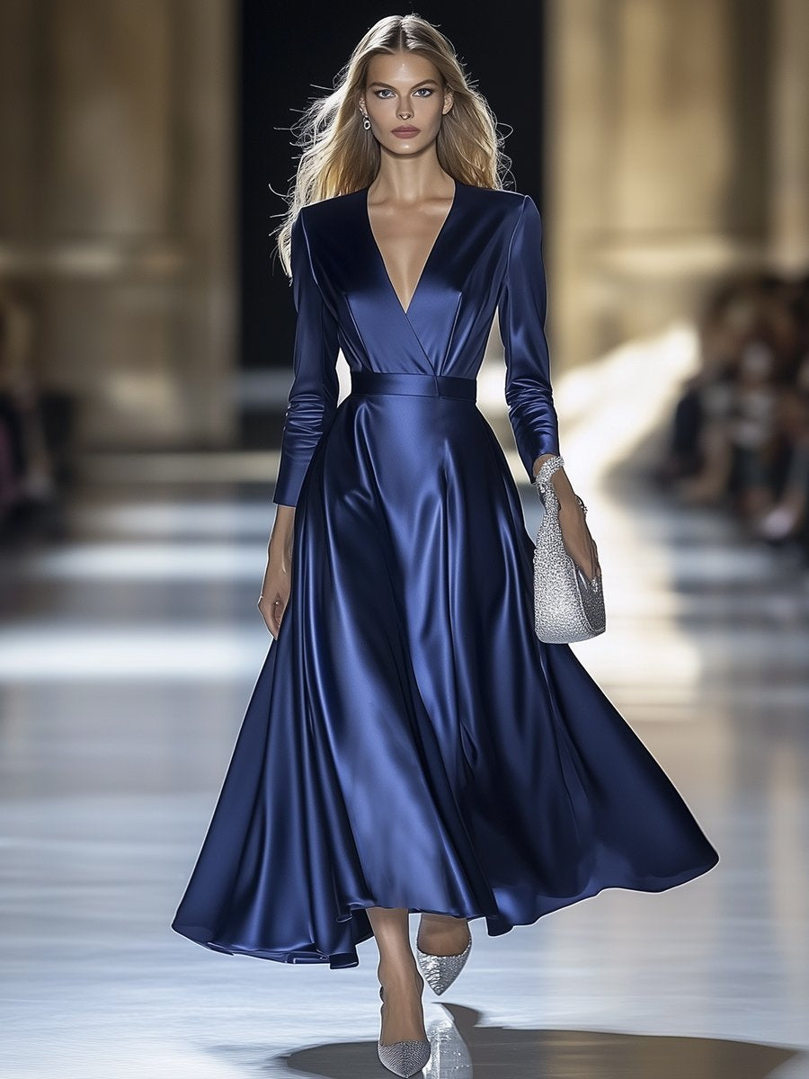 High-End And Elegant V-Neck Blue Satin A-Line Skirt Dress