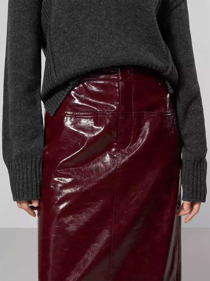 High-End Fashion Temperament Exquisite Shiny Long Leather Skirt